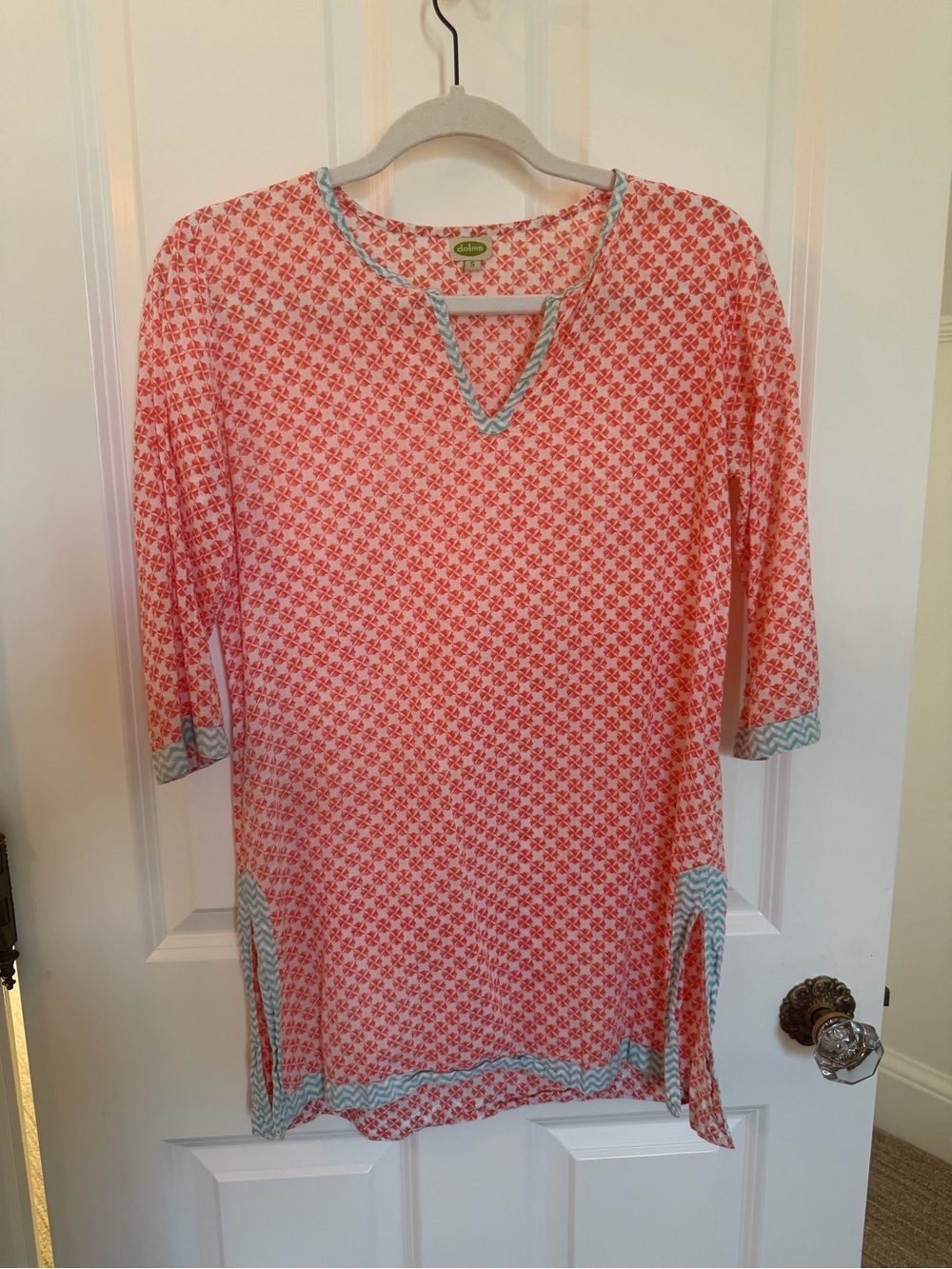 Coral Printed Women's Tunic with Teal Trim